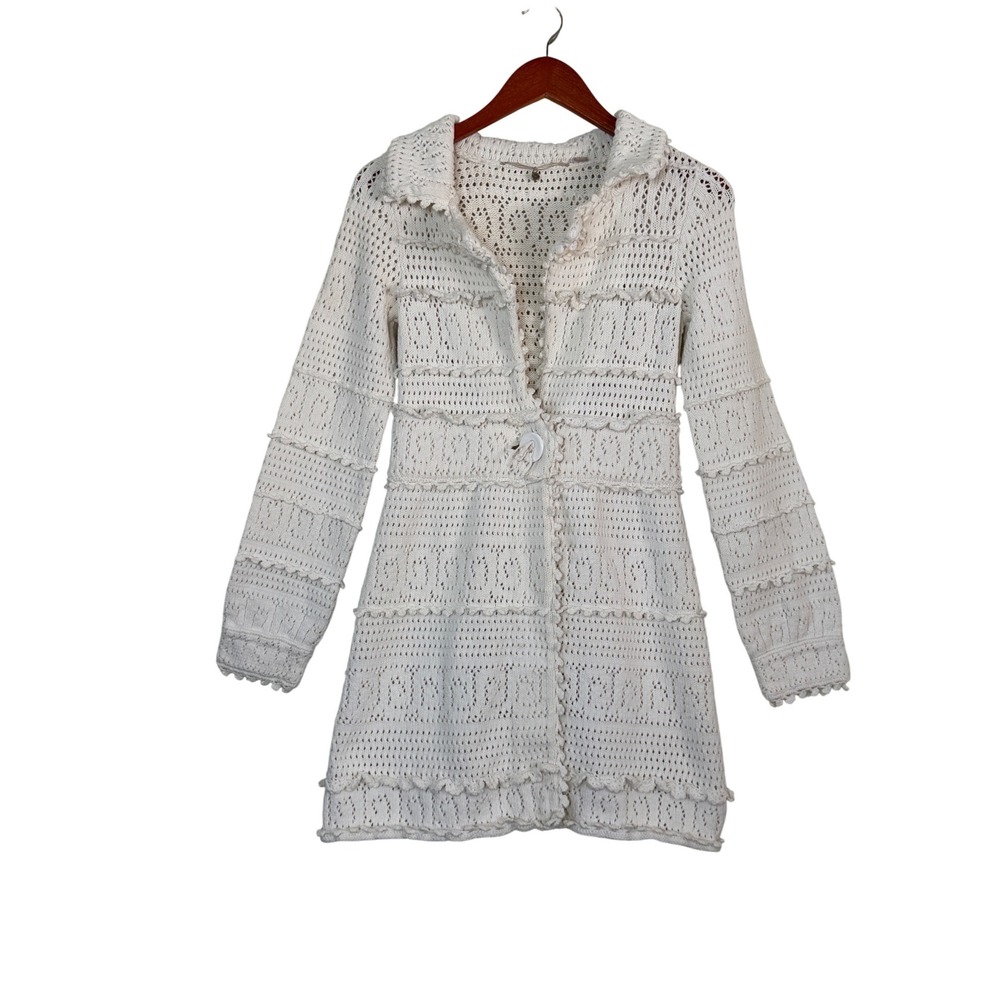 Knitted & Knotted Anthropologie Womens Ruffle Pointelle Cardigan Sweater Size S